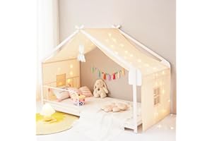 Mengersi Bed Canopy House Canopy Bed Curtains with Lights,Montessori House Bed Metal Floor Bed Canopy for Girls Boys,Fit for 