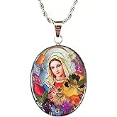 Virgin Mary Necklace Immaculate Heart Pendant 925 Sterling Silver with 20" Stainless Steel Chain Holy Family Medalla Virgen Maria Lady Guadalupe Medal Pressed Flower Catholic Religious Gift Jewelry