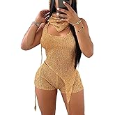 KANSOON Sexy Two Piece Outfits for Women Sequin Knit Backless Irregular Halter Tank Top Crochet Shorts Set with Shades