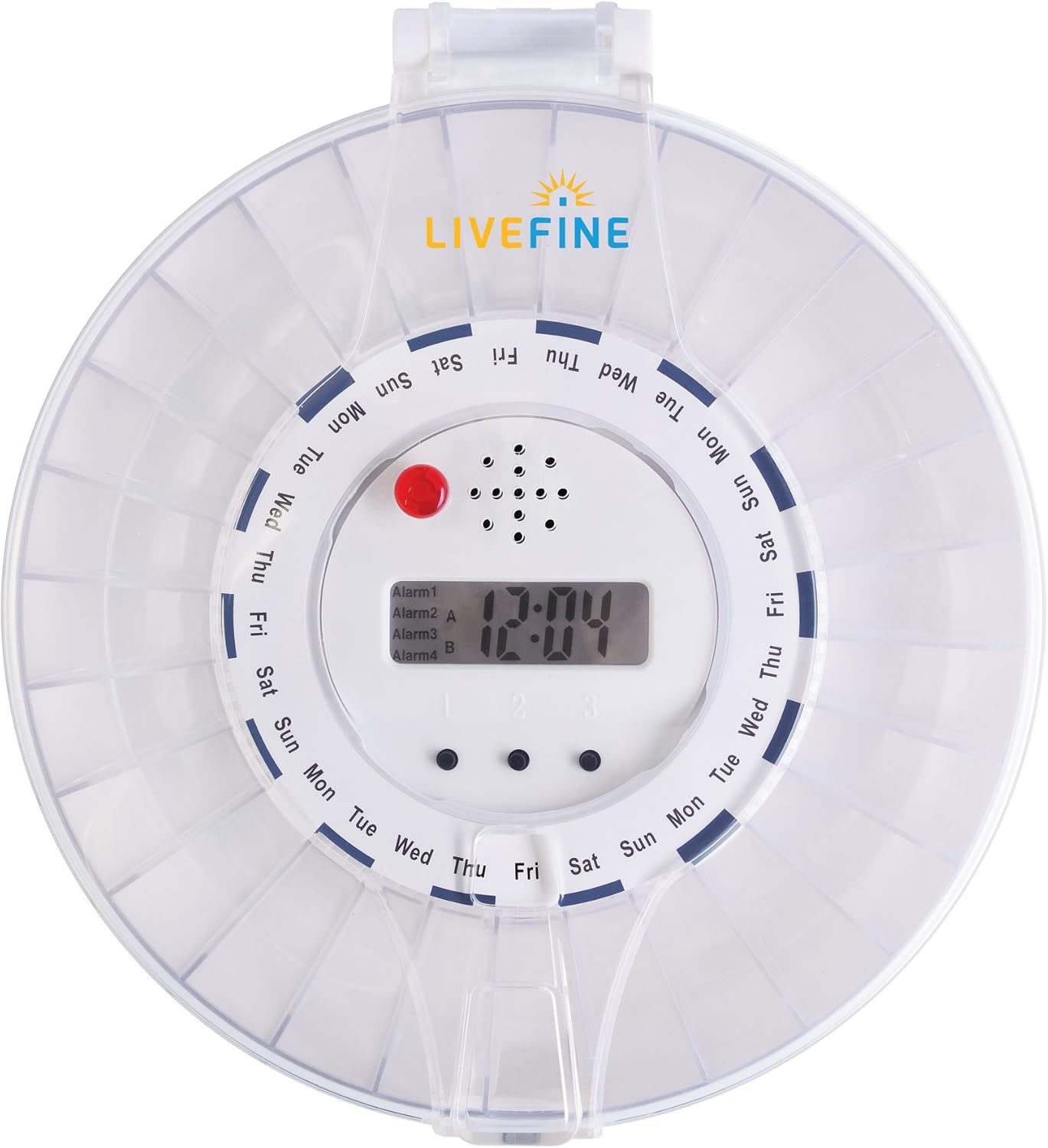 LiveFine Automatic Pill Dispenser, 28-Day Electronic Medication Organizer with Alarm Reminders, Flashing Light and Safety Lock - Dispenses Prescriptions Up to 6 Times Per Day - Clear Lid: Health & Personal Care