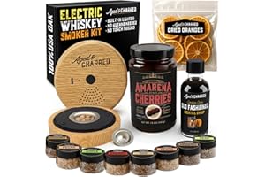 AGED & CHARRED Electric Whiskey Smoker Kit - Whiskey Gifts for Men Dad - Premium Amarena Cherries, Syrup, Orange Dried Slices and 8 Flavors Wood Chips - Old Fashioned Cocktail Smoker kit