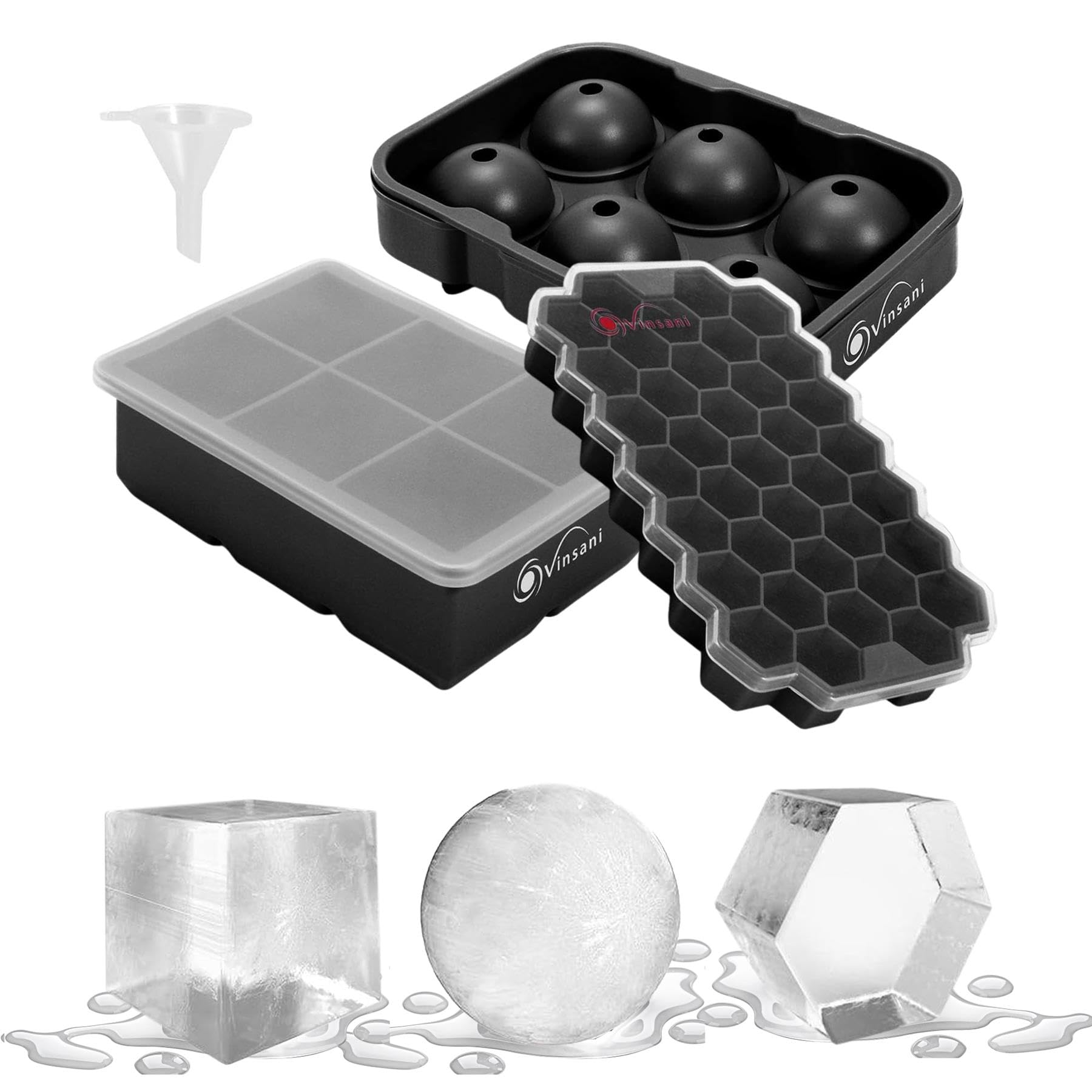 Vinsani 3 Pack Ice Tray With Removable Lid - Easy-Release Silicone Flexible Ball Mould, Square Maker and Honeycomb Cube - LFGB Certified, BPA Free, Stackable, Durable - Black