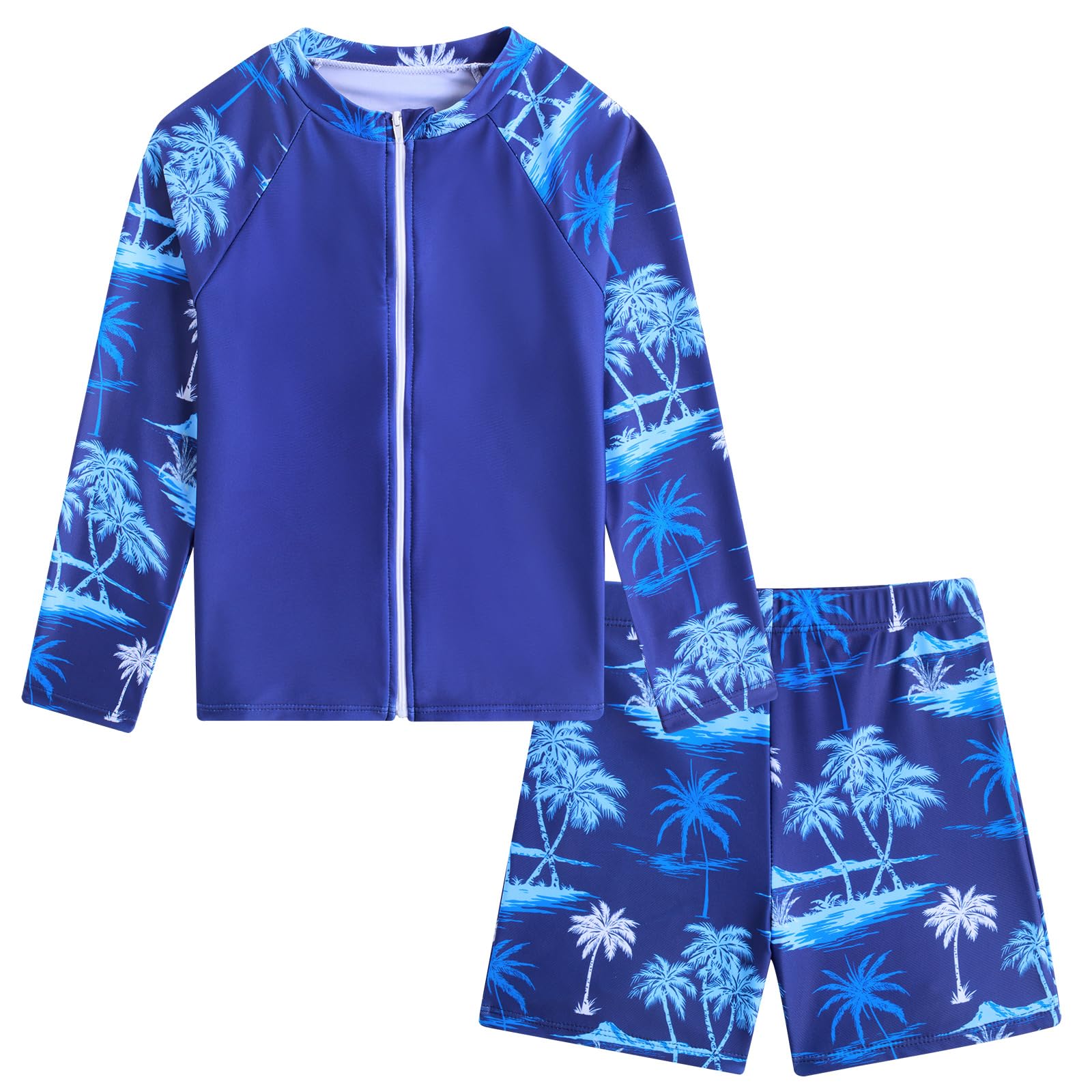 Photo 1 of 5-6Y Boys Long Sleeve Rash Guard Swimsuit Kid Water Sport Short Swimsuits UPF 50+ Sun Protection 2-Pieces Blue Palm Tree Zip Bathing Suits Set 5T 6T
