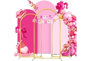 RAFOFO Metal Arch Backdrop Stands with Arch Covers, 4ft,5ft,6ft Gold Wedding Arch Frame Arch Backdrop Stand with Pink Spandex Fitted Arch Backdrop Covers and Banner/Confetti for Wedding Birthday