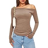Yousify Womens Ribbed Off The Shoulder Tops Long Sleeve Going Out Tops Cute Slim Fit Shirts with Thumb Holes