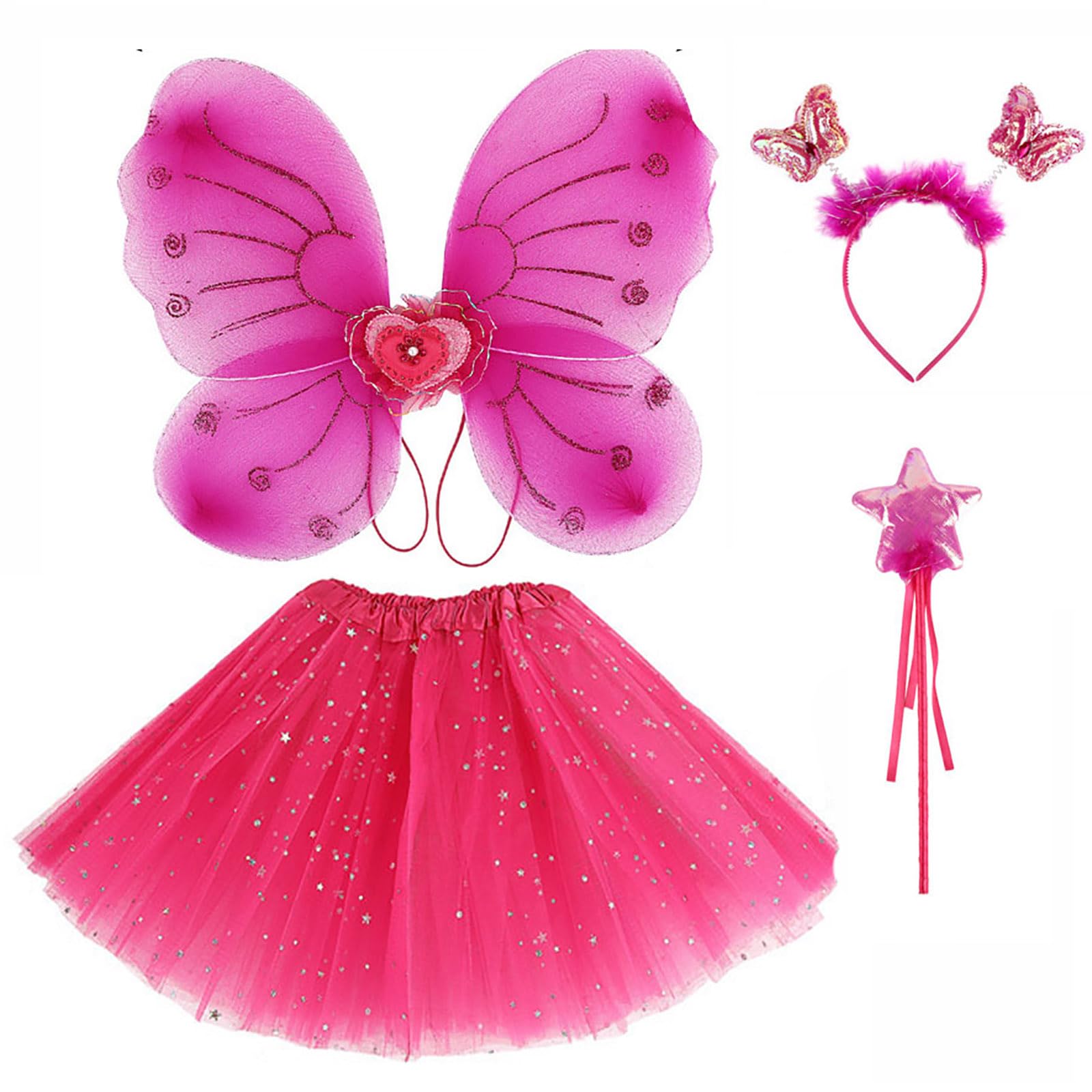 ZJstyle Girls Fairy Costume Set Princess Tutu Skirt Fairy Magic Wings Dress Up Fantasy Costume Play with Wings, Magic Wand and Headband Set for 3-8 Years (Rose Red)