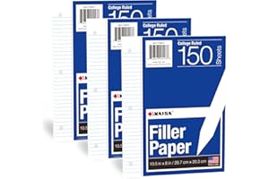 Kaisa Loose Leaf Paper Filler Paper 8x10.5 inches, College Ruled, 3-Hole Punched for 3-Ring Binder, 150 Sheets/Pack (3 Pack) F15001C