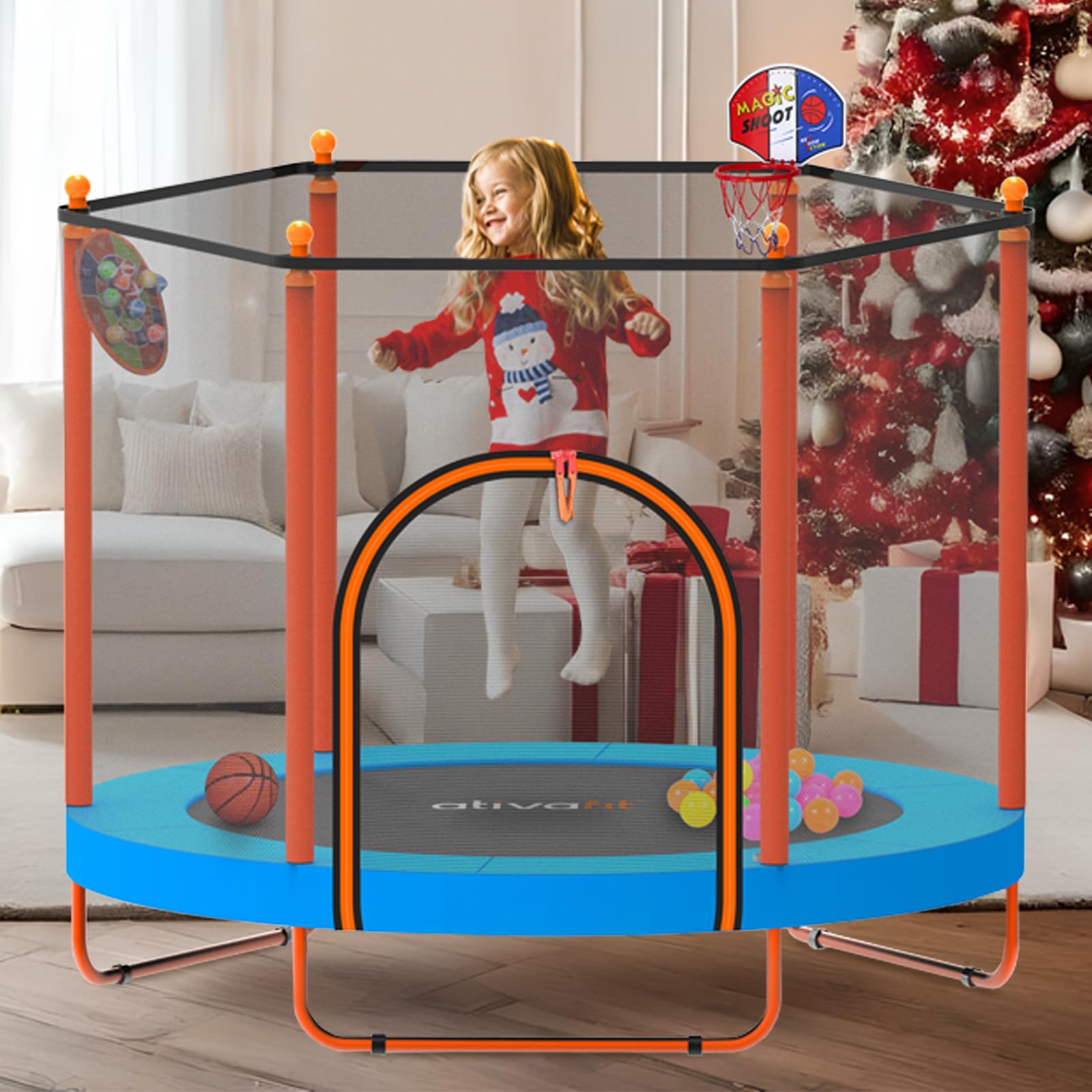 Ativafit 60'' Rebounder Trampoline Indoor Outdoor for Kids Ages 1-8, 5 FT Recreational Toddler Trampoline with Safety Enclosure Net Gifts with Basketball Hoop Dartboard Ocean Bal
