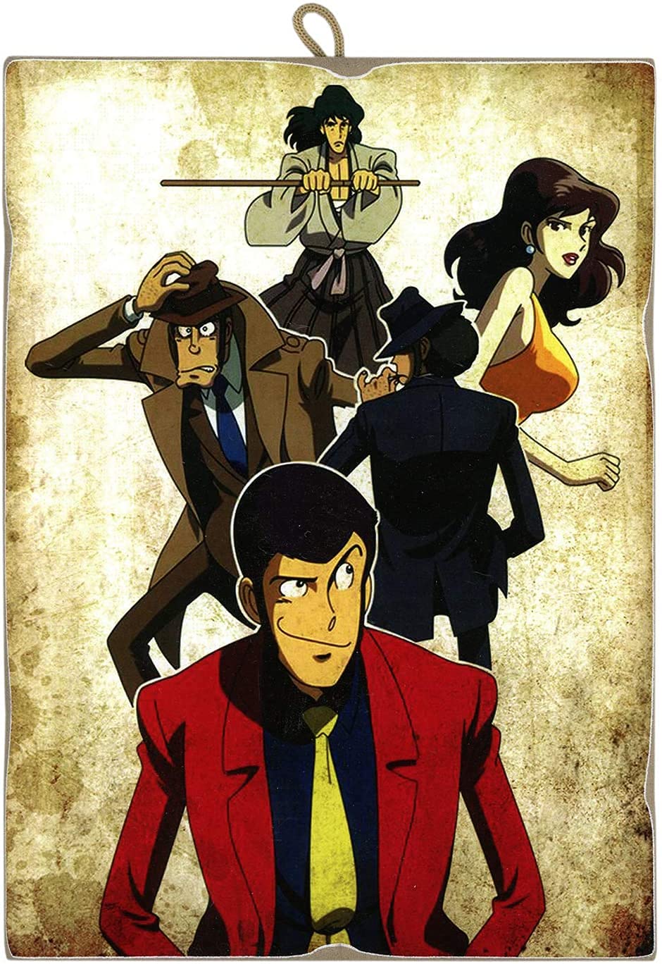 Picture Vintage Style Lupin III Series Main Collectible Characters Print On Wood Laser Cut Made in Italy - Gift Idea