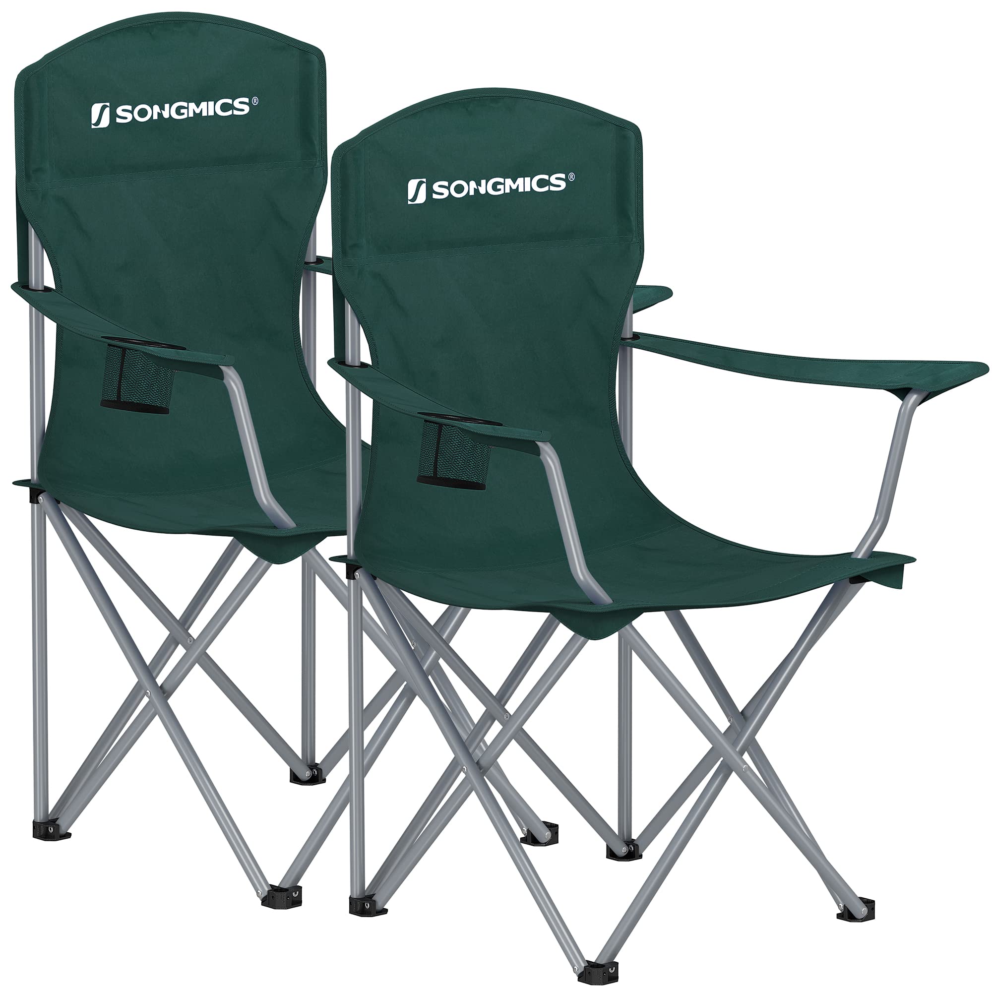 SONGMICS 2 Pack Folding Camping Chairs, Load 330 lb, Cup Holder and High Backrest, Heavy-Duty Structure, for Lawn, Garden, Fishing, Terrace, Dark Green UGCB08GN Image