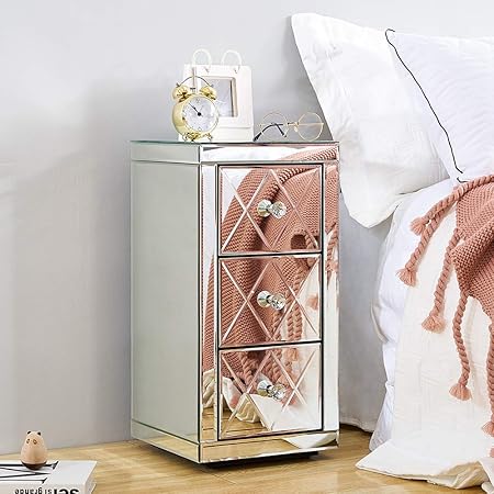 Modern Mirrored Glass Bedside Cabinet Unit With 3 Storage Drawer And Crystal Handles Nightstand Side End Table For Living Room Bedroom Furniture Amazon Co Uk Kitchen Home