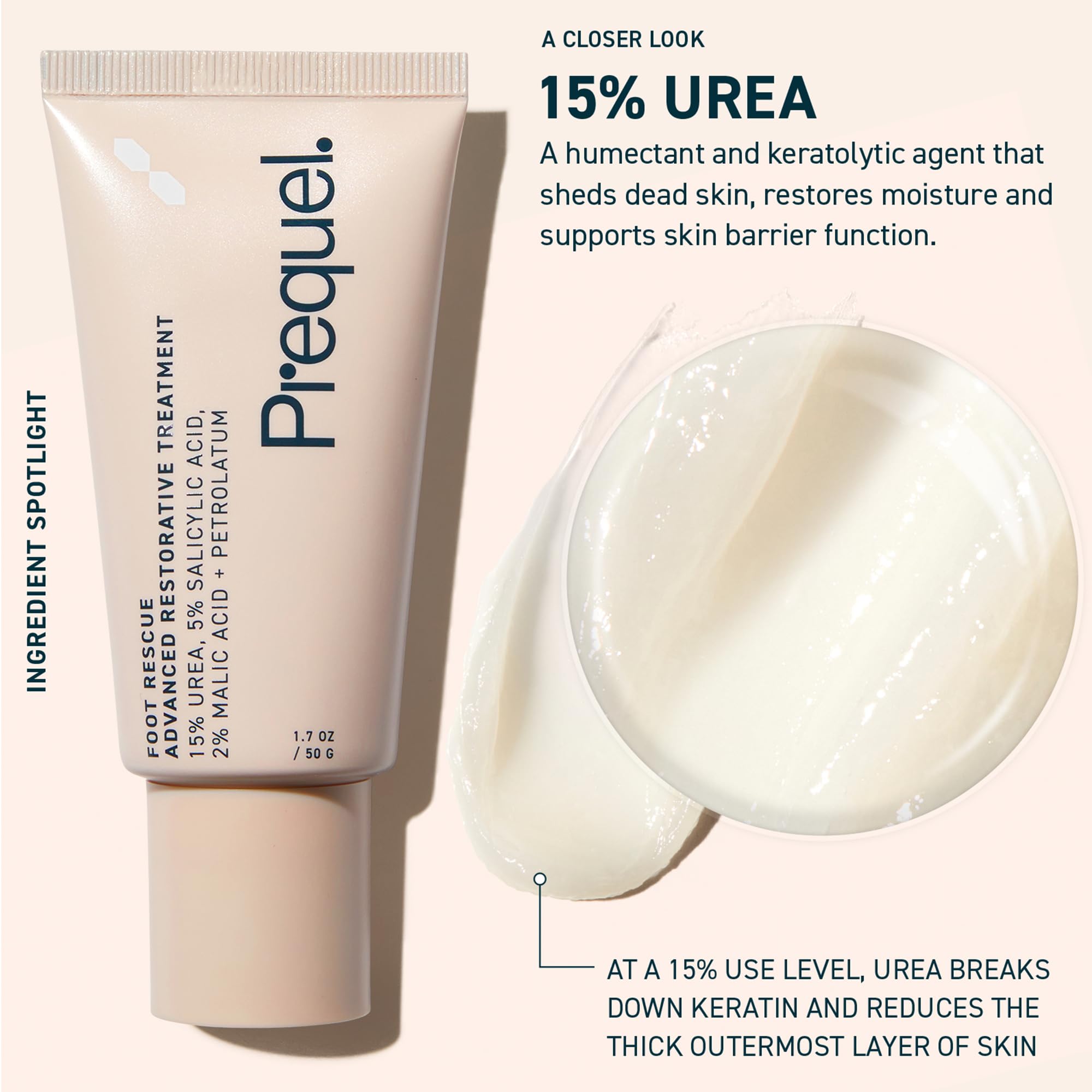 Prequel Skin Foot Rescue, Professional Foot Treatment with 15% Urea + Salicylic Acid. Advanced Cream For Dry Cracked Feet. Clinical-Grade Moisturizer. 1.7oz