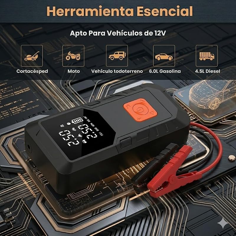 Arrancador de Baterías Coche 12V (Gasolina/Diésel) con 12000mAh Compresor Aire Portátil 150PSI, Power Bank 18W Carga Rápida, Inflador Neumáticos Coche con Linterna LED para Moto Pelotas