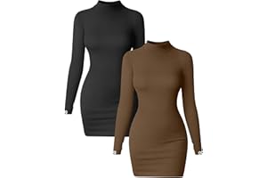 OQQ Women 2 Piece Dress Sexy Ribbed Mock Neck Long Sleeve Tummy Control Mini Dresses