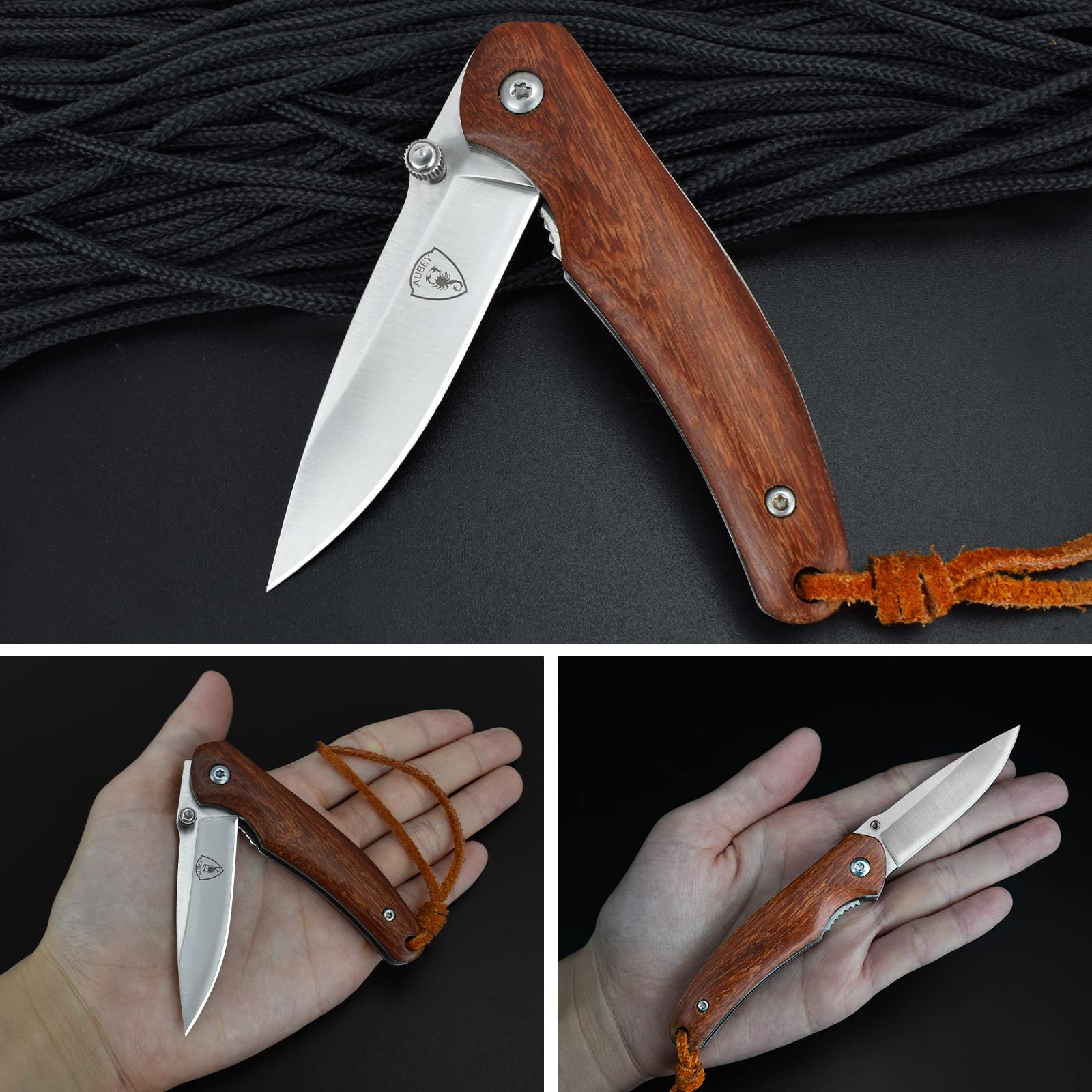 AUBEY Taschenmesser Klein, Scharfes Klappmesser Mini Messer mit 440 Stahl Klinge, Holzgriff, Liner Lock - EDC Messer Pocket Knife für Outdoor Survival Jagd Angeln Geschenk Sammeln 5