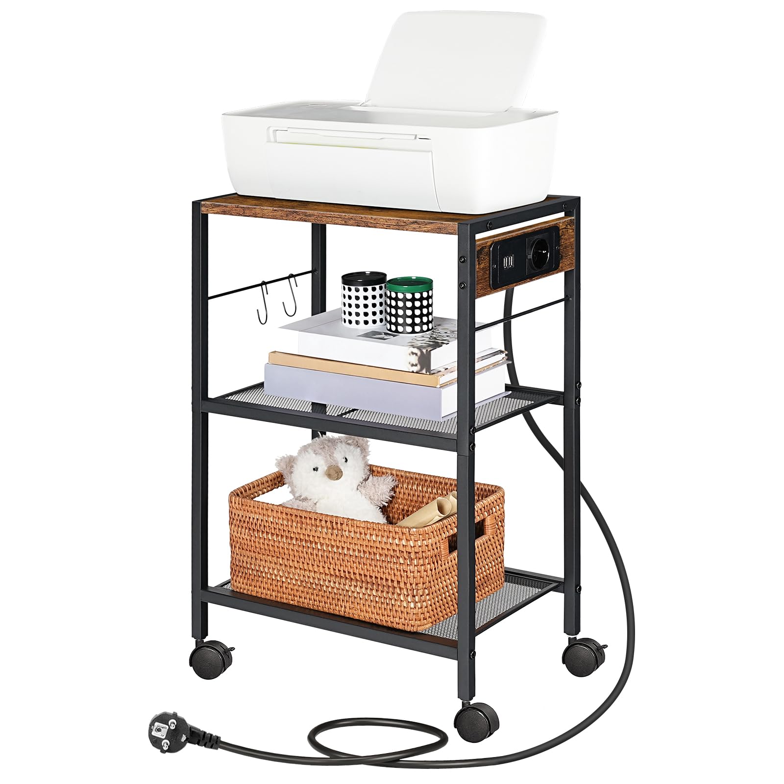 HOOBRO Druckerständer, 3-stufiger Druckerständer mit Ladestation, Lagerregal mit Rollen/verstellbaren Füßen, mit 2 Haken, für das Heimbüro, Vintagebraun und Schwarz EBF22CPS01 9