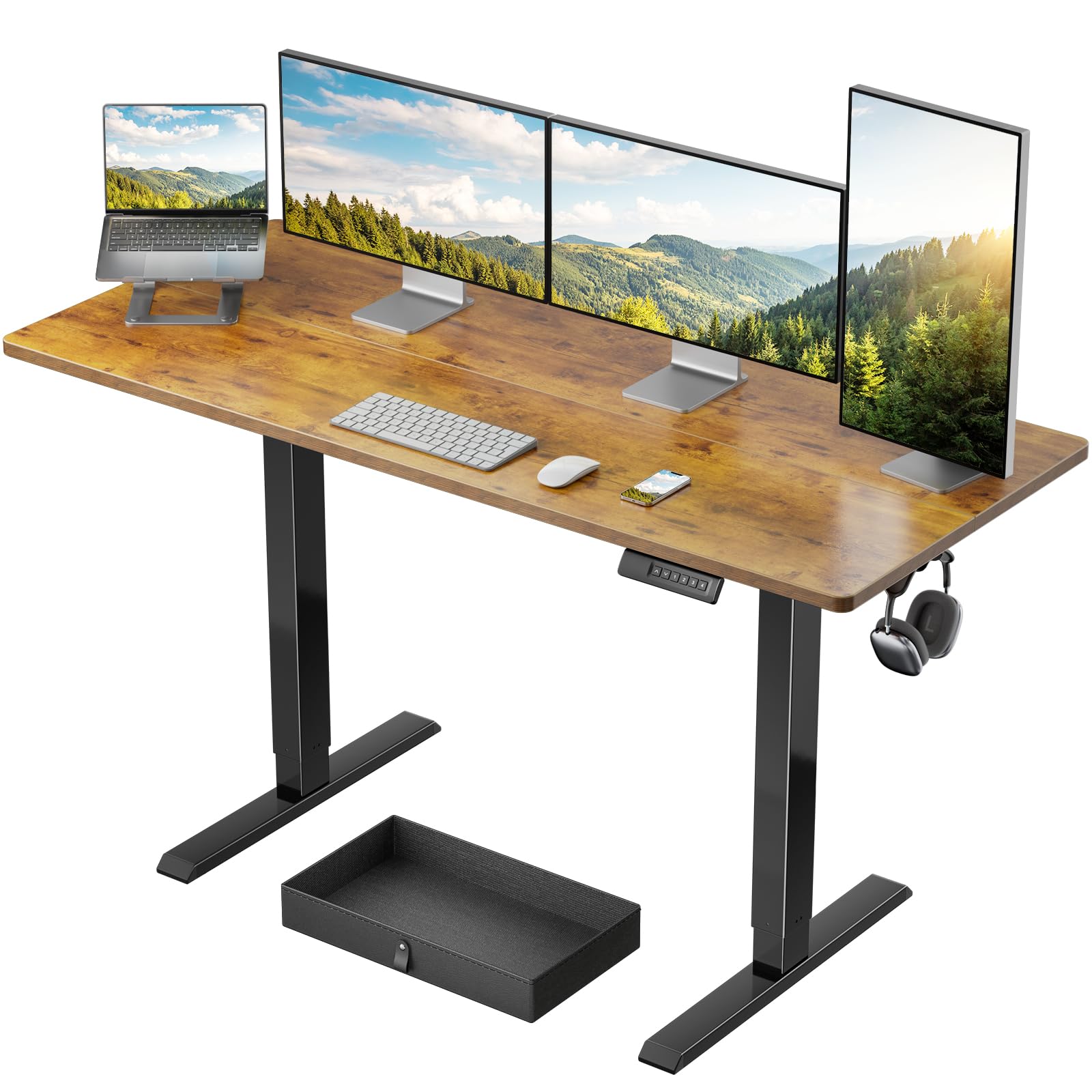 Photo 1 of Marsail Electric Standing Desk with Drawer, 55 x 24 Electric Stand Up Desk, Ergonomic Adjustable Desk with Storage, Headphone/Bag Hooks, Computer Desk for Home & Office with Cable Management,Brown