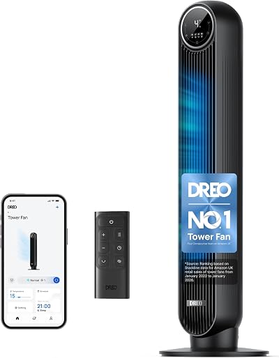 DREO 20dB Smart Silent Tower Fan with Remote 28ft/s 90° Oscillating 8 Speeds