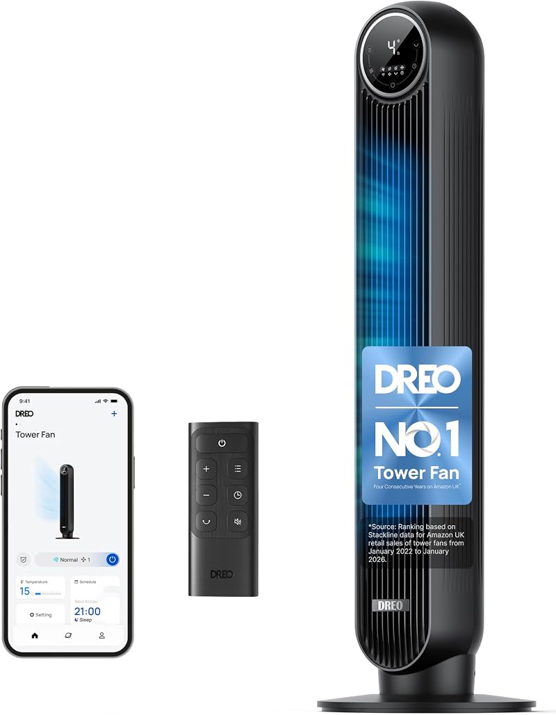 DREO 20dB Smart Silent Tower Fan with Remote 28ft/s 90° Oscillating 8 Speeds