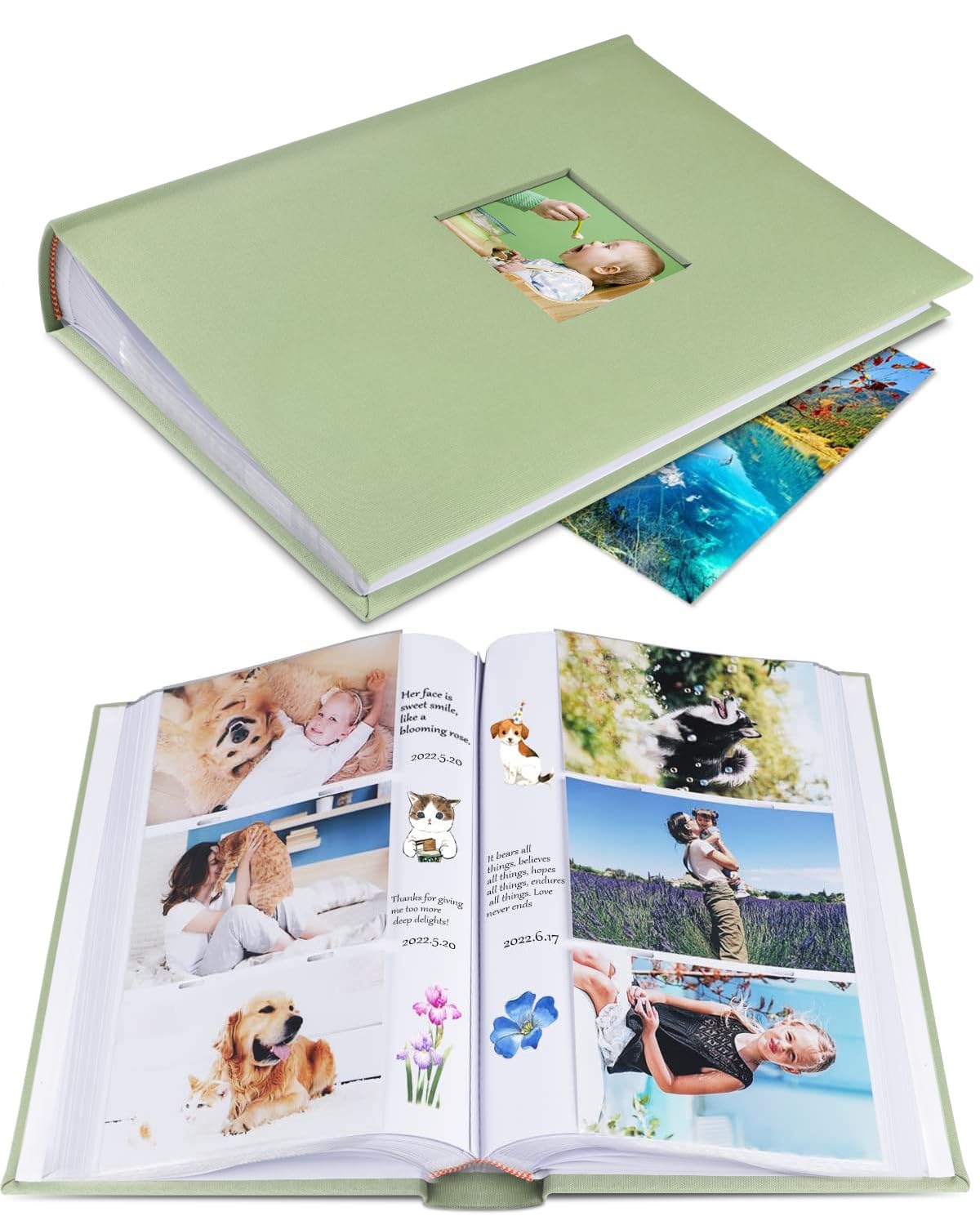 Photo 1 of 1DOT2 Photo Album 4x6 Hold 402 Photos with Memo Slip-in Pockets Photo Book, Linen Cover Picture Photo Albums with Writing Space for Wedding Family Baby Vacation Mother's Day Sage Green