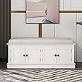 Merax Modern Rustic Wood Shoe Bench with Removable Cushion Multipurpose Window Storage Cabinets for Entryway Living Room Bedroom White