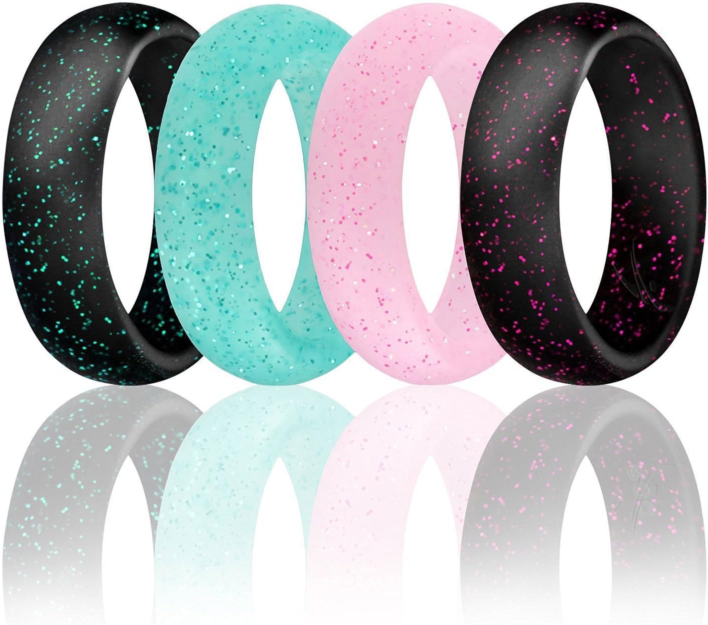 ROQ Silicone Wedding Ring for Women, Set of 7 Silicone Rubber Wedding Bands - Black with Glitter Sparkle Teal, Turquoise, White, Metal Look Silver, Glitter Pink, Purple, Deep Sky Blue - Size 5