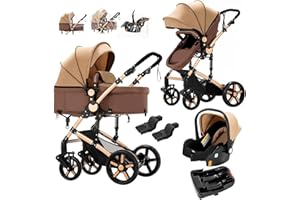 REENBORN 3 in 1 Baby Travel System, Reversible Baby Stroller, Pushchair Luxury Baby High Landscape Pram, Portable Standard Pram Buggy, Foldable Baby Carriage for Newborn Toddler (UD588-Khaki with Base)