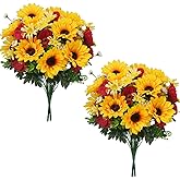 COEWUR Sunflowers Artificial Flowers Faux Sunflower with Daisy Poppy Fake Silk Flower Arrangements Cemetery Flowers for Grave Porch Home Kitchen Office Spring Decor 4 Bundles