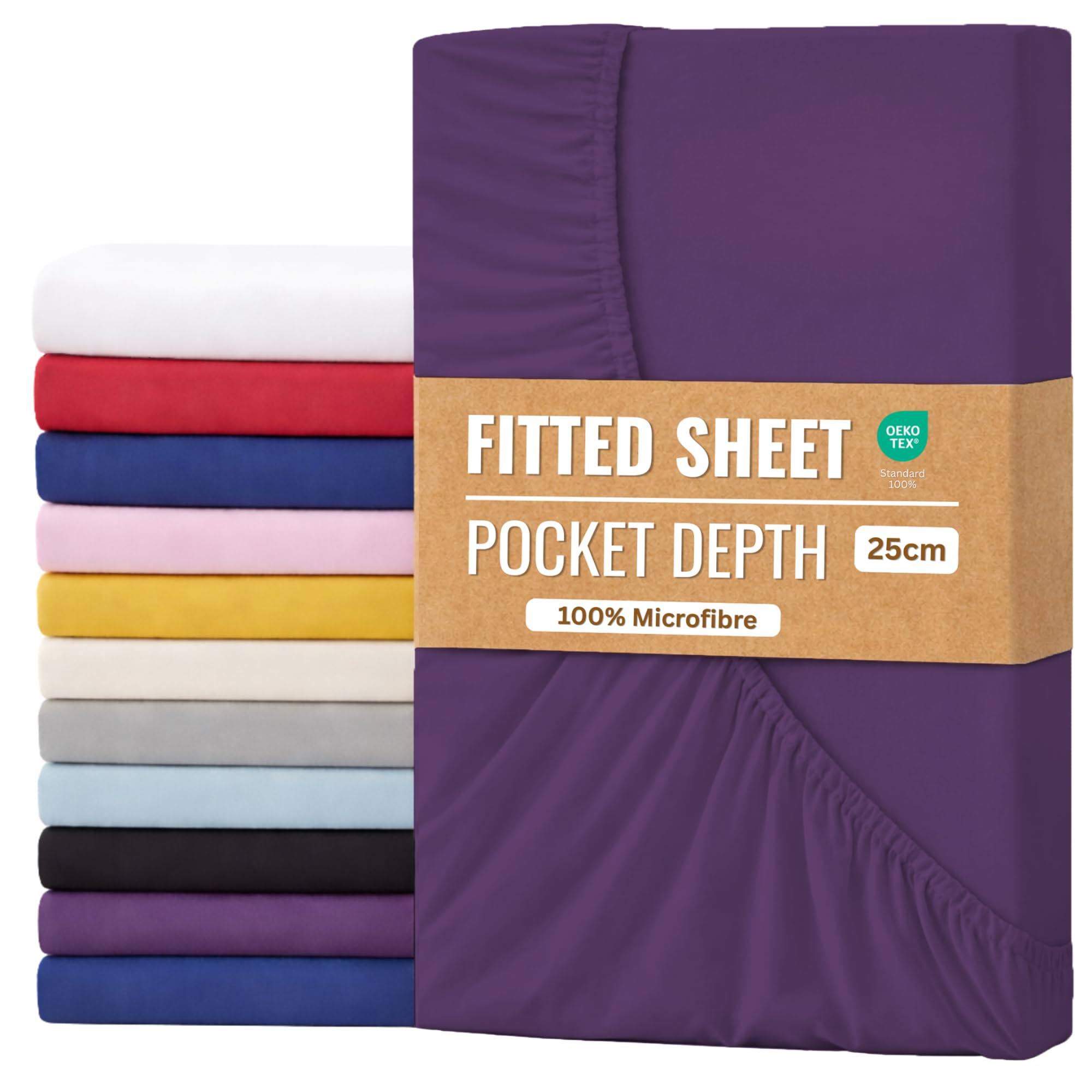 Fitted Sheet 25cm with Extra Deep Pockets - OEKO-TEX Certified Bed Sheet Super King Size 180X200CM | Hotel Quality & Wrinkle Resistant | Brushed Microfibre Fitted Sheets (Purple, Super King 25CM)