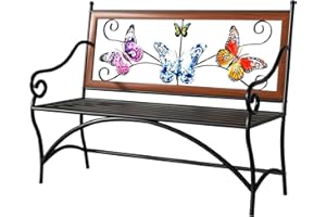 KINGBO 39.7" Outdoor Bench, Garden Bench, Patio Bench with Armrest, Slatted Seat and Butterfly Pattern Backrest for Outside, Front Porch, Park, Lawn, Backyard and Balcony, Cast Iron Metal Frame, Black