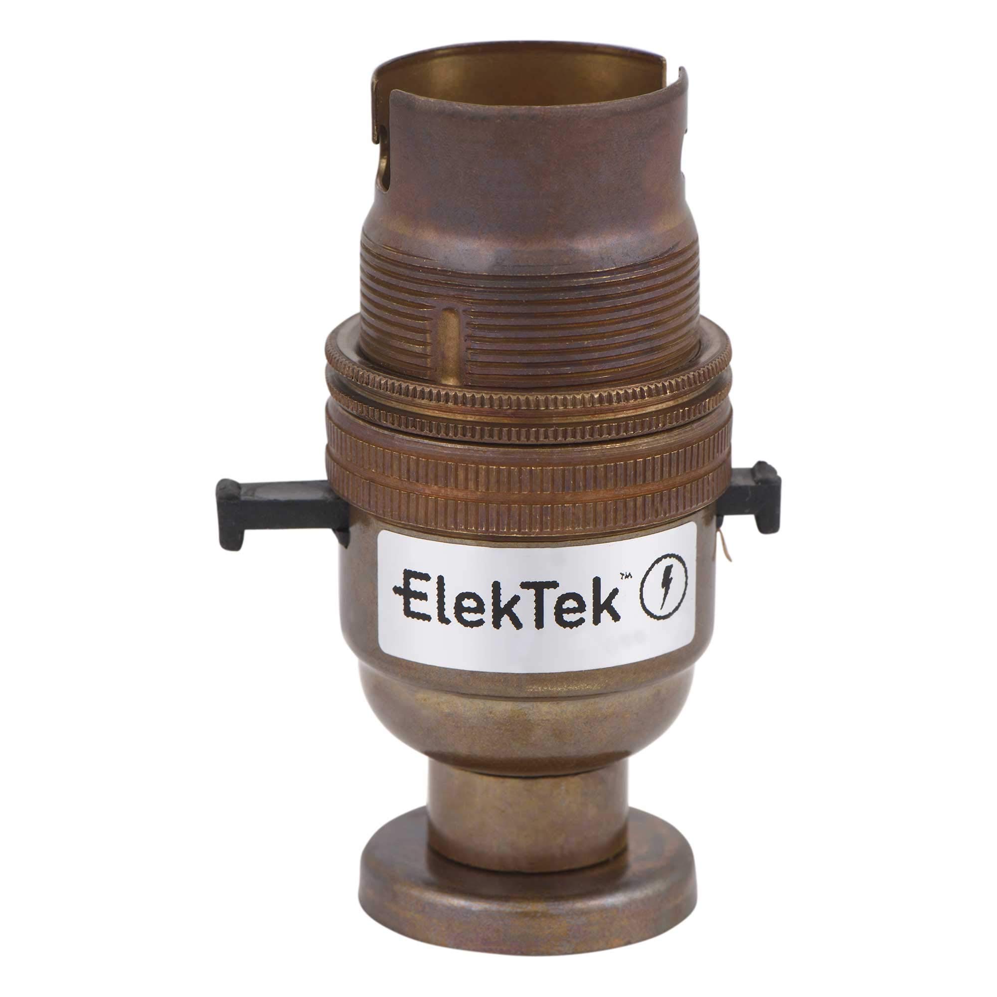 ElekTek Safety Switched Lamp Bulb Holder B22 BC Bayonet Shade Ring, Antique Brass, CNC Back Plate Mount Cover & Screws Made in UK - Child Safe Switch Push Bar locks OFF & cuts power if no bulb fitted
