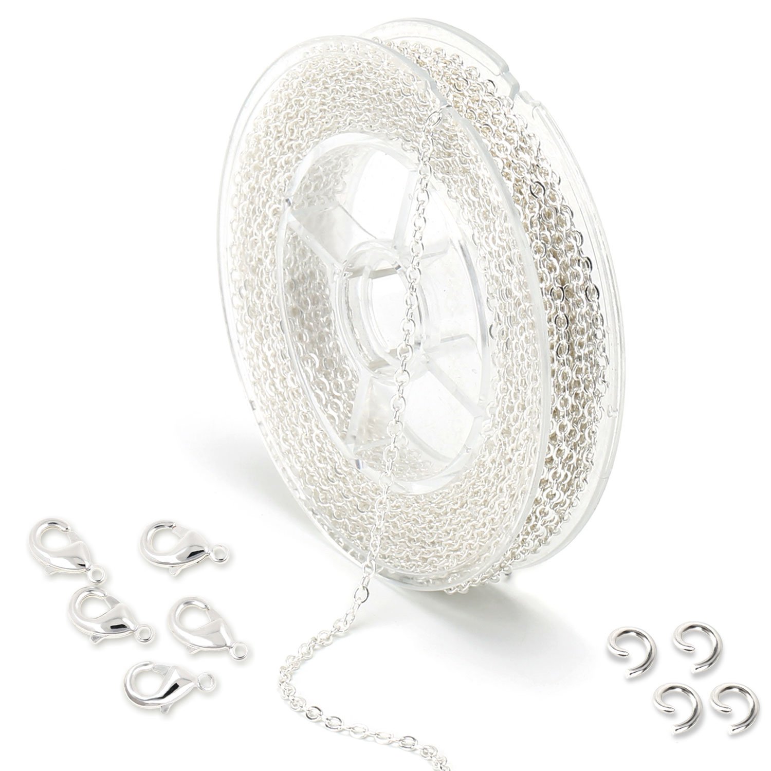 ALEXCRAFT Silver Necklace Chains for Jewellery Making, 33 Feet 2mm Curb Cable Spool Brass Gold Plated Silver Chain for Craft Bracelet Jewellery DIY Chain with 20 Lobster Clasps and 50 Jump Rings