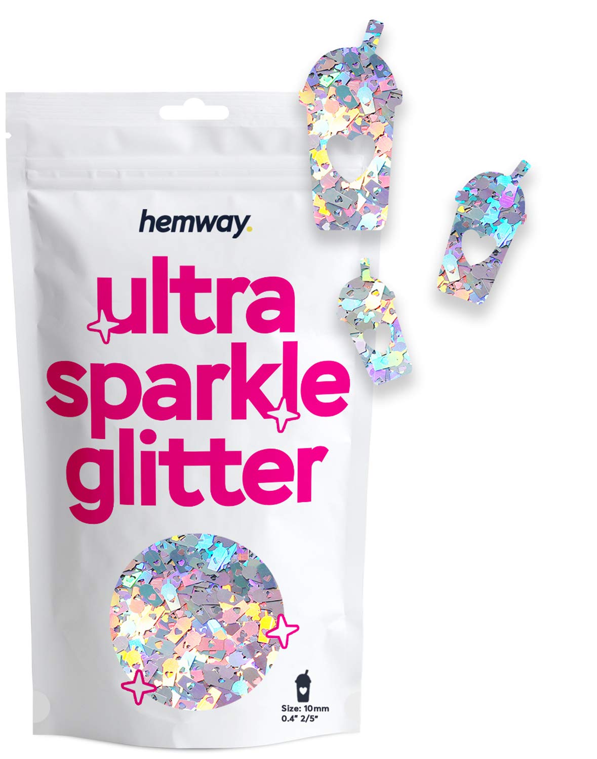 Hemway Ultra Sparkle Glitter Milkshake Shape, 50g, Silver Holographic | Shaped Glitter for Arts & Crafts, Nail Art, Crafting, Card Making, Sparkle Decoration