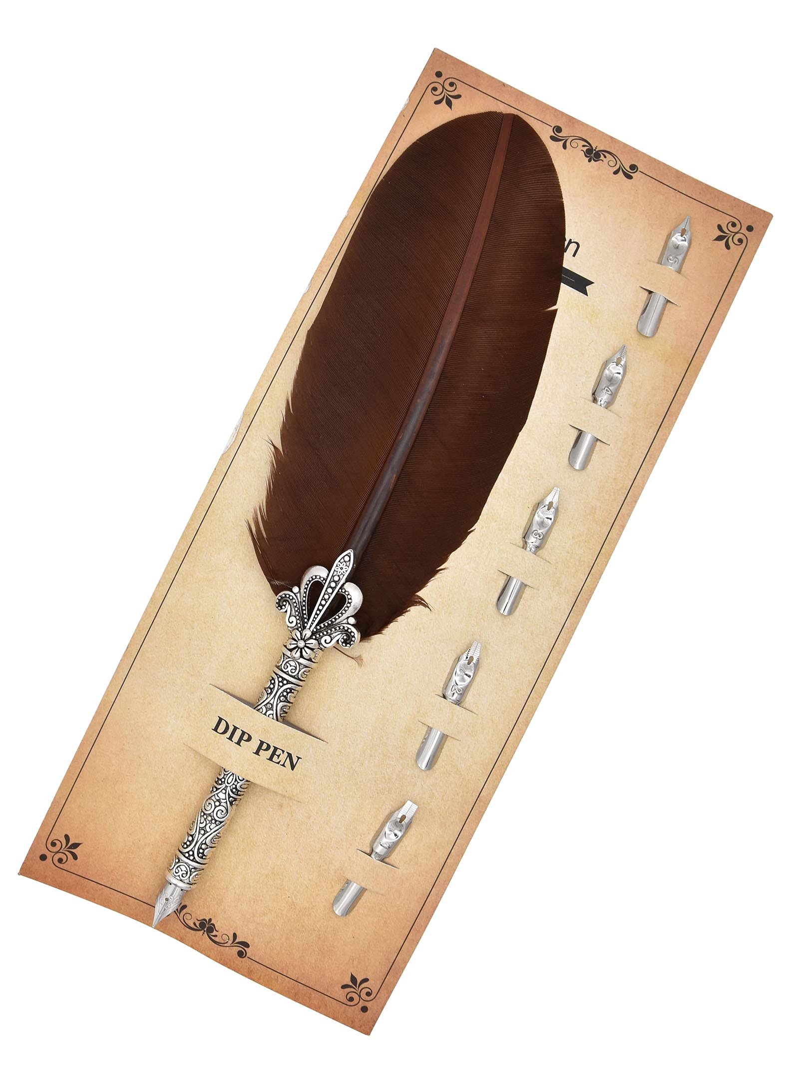 Gullor Calligraphy Feather Quill Pen and 5 Calligraphy Nibs for Beginners Kids Calligraphy Writing Quill Dip Pen Set, Brown