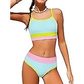 TALLWH Girls Bathing Suit Color-Block Adjustable Straps Bikini Sets Girls Two Piece Swimsuits with Chest Pad Swimwear 7-18T