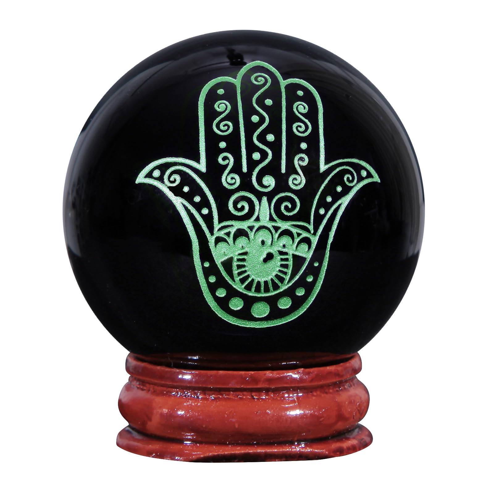 Nupuyai 1.9" Engraved Symbol Obsidian Crystal Ball with Stand, Polished Feng Shui Crystal Sphere Stone Ornament Home Office Decor, Hamsa Hand, Green