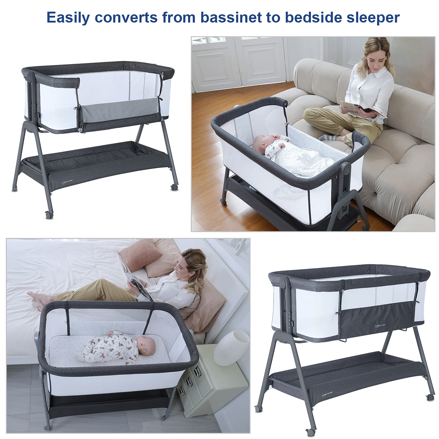 ANGELBLISS Baby Bassinet Bedside Crib with Storage Basket and Wheels, Easy Folding Bed Side Sleeper Adjustable Height Portable Crib for Newborn
