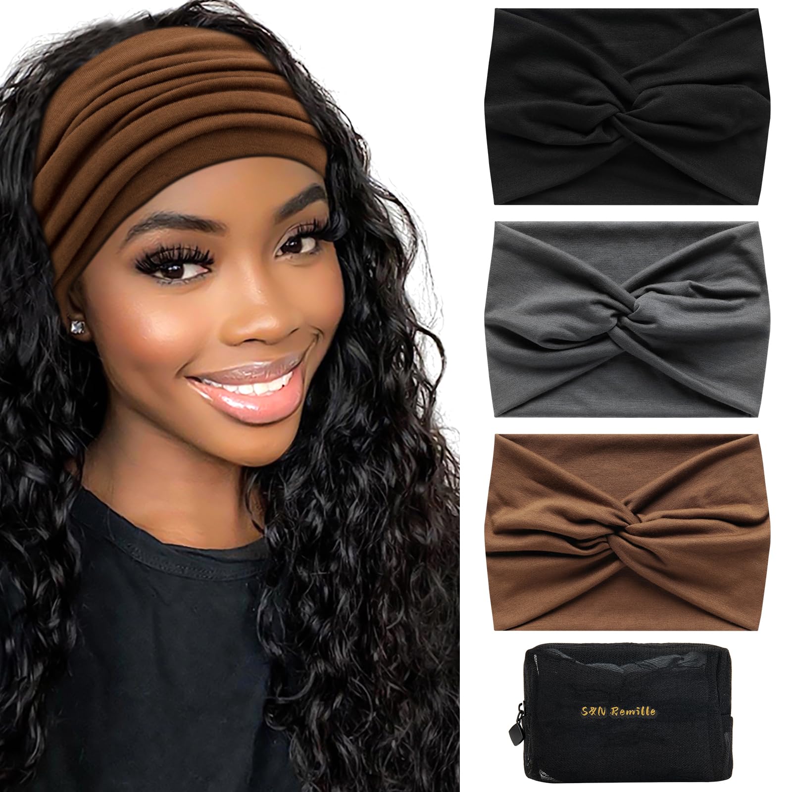 Photo 1 of S&N Remille Wide Headbands for Women, Large Hairband, Elastic Non-Slip Headband Twist Knotted Accessories, Yoga Workout Vintage Hair 3 Pack