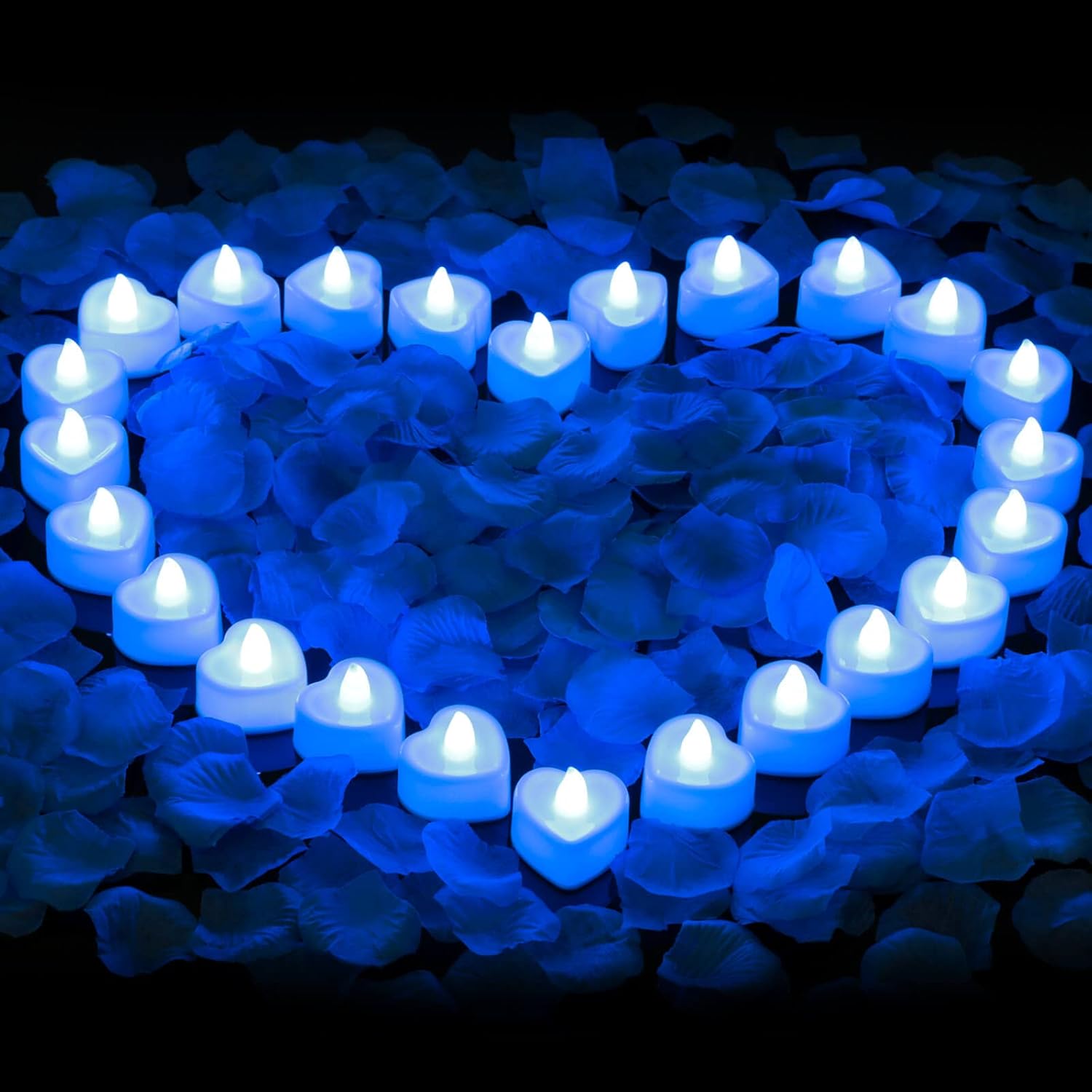Lighting - cridoz Blue Rose Petals for Romantic Night for him Set, 2000 Pieces Artificial Rose Petals with 24 Pieces Blue Flameless LED Candles for Decoration Wedding Party Valentine's Day(Blue)