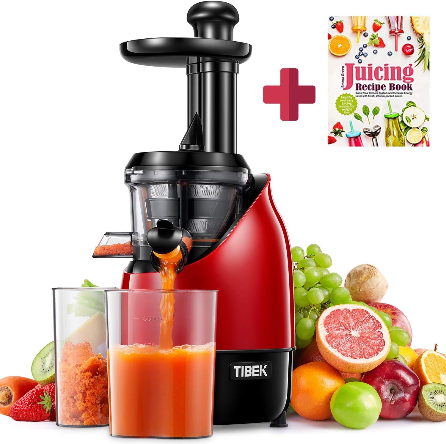 Juicer Slow Juicer, TIBEK Juicer Vegetable and Fruit Professional, Quiet Motor with Reverse Function, 2 Juice Containers and Recipes for Vegetables and Fruits, Cleaning Brush (200 W/Red)