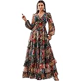 Womens Summer Dresses,Floral Patterns Vintage Elegant Cocktail Long Sleeve Boho Casual Maxi Wedding Guest Dresses for Women