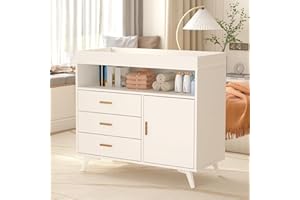 MilleLoom Nursery Dresser with Baby Changing Table,Diaper Changing Tables with 3-Drawer & Shelves, Baby Dresser with Changing Table Top, Dresser for Nursery, Wood Diaper Changing Station