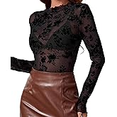 Urchics Womens Mock Neck Mesh Tops Western T Shirts Long Sleeve Layering Tops See Through Trendy Outfits Going Out Tops