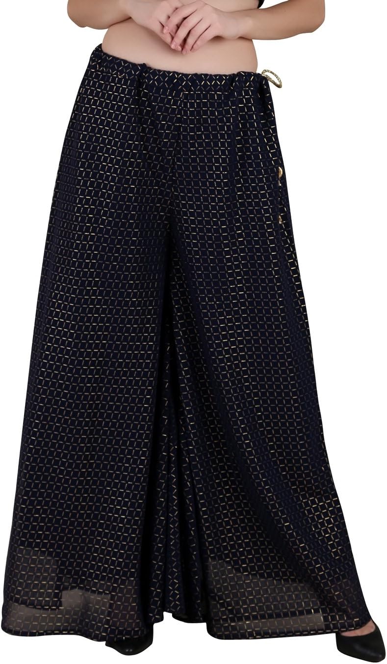 Shararat Loose Wide Checkered Print Flared Georgette Palazzo Pants | High Waist Casual Trousers