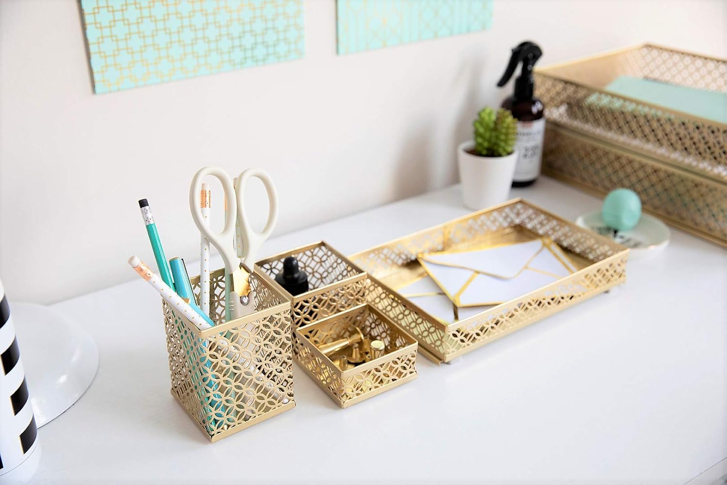 Blu Monaco Office Supplies Gold Desk Accessories for Women-6 Piece Interlocking Stylish Desk Organizer Set- Pen Cup, 3 Accessory Trays, 2 Letter Trays-Gold Office Paper Tray Holder : Office Products