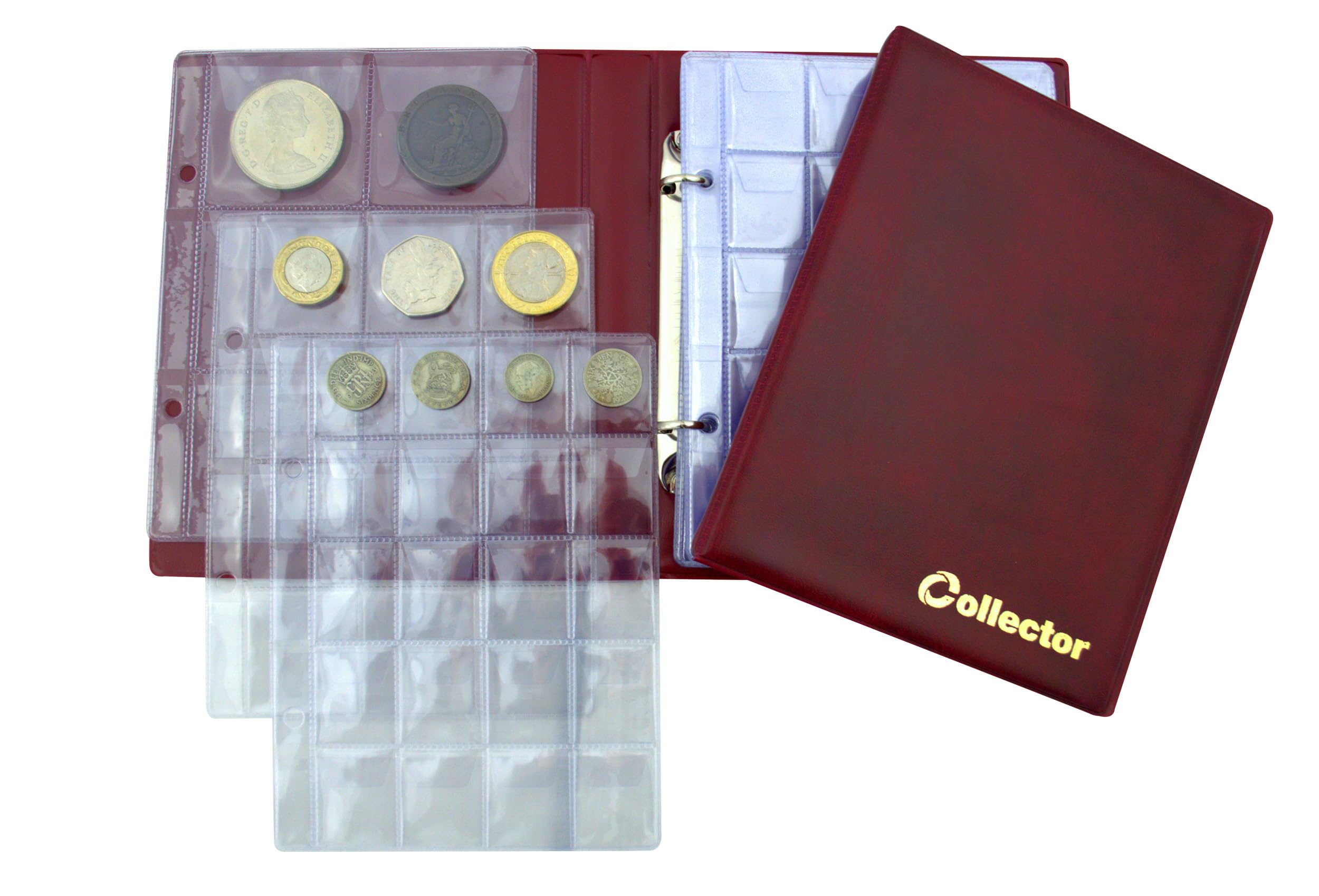 COLLECTOR - Coin Album for 126 mix sizes coins, 10 Pages, 2.5 cm thick, Includes Pockets for Small to Large Coins (Red)