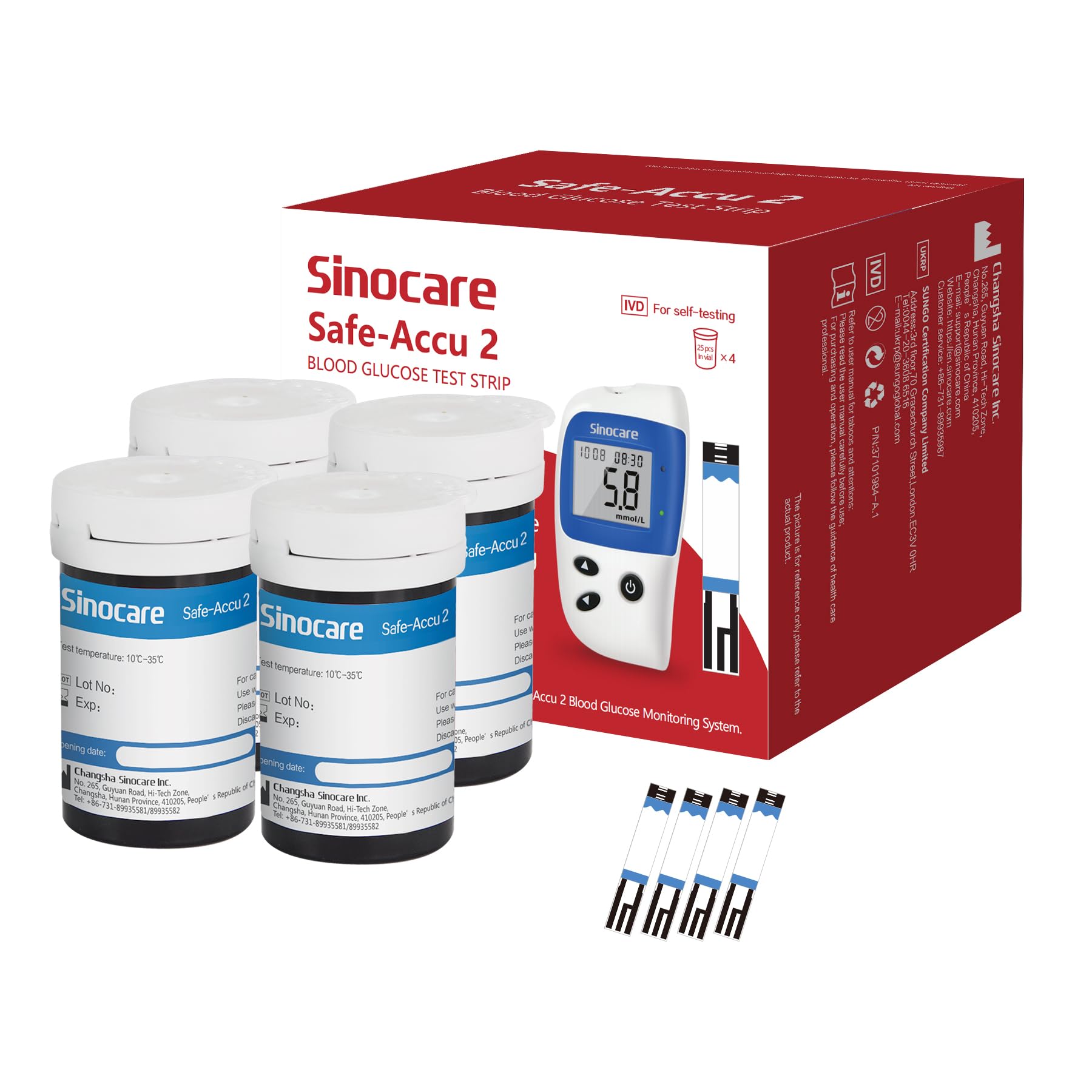 Sinocare 100PCS Safe Accu2 Blood Sugar Test Strips, only for Safe Accu2 Glucose Monitor, only 100PCS Diabetes Testing Strips, Glucometer and Lans. Do NOT Includeed
