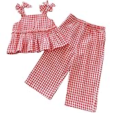 SHENHE Toddler Girl's Gingham Outfit 2 Piece Cute Gingham Bow Ruffle Peplum Top and Pants Birthday Set