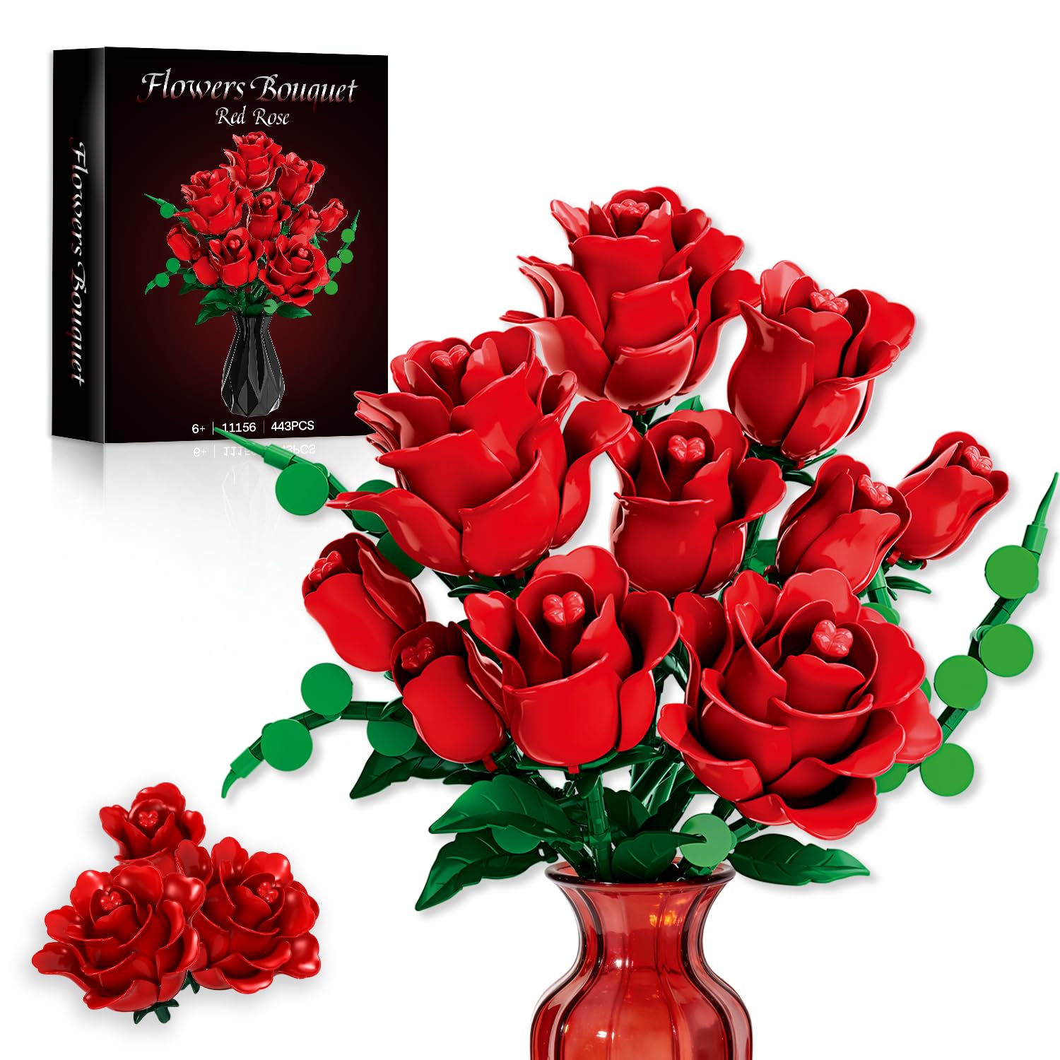 Red Rose Bouquet Building Blocks Set - Lego Compatible 12Pcs Flowers Botanical Collection Kit with Mixed Roses & Leaves,Valentines Gifts for Adults Women Mom Wife Couple Home Decor (No Vase)