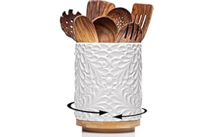 25DOL Extra Large 360° Rotating Utensil Holder for Kitchen Counter, 8.3” Cooking Utensil Holder for Countertop with Bamboo Base, White Ceramic Utensil Crock Canister for Cooking Utensils - Engraved Design